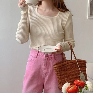 (5 colors) Ribbed Square Neck Knit Top