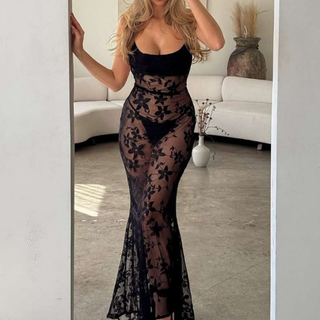Lace u neck see through solid cami maxi dress