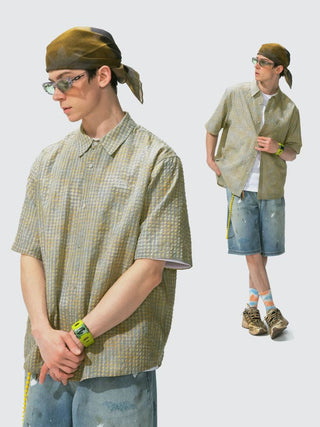 [Monterest] Seersucker Check Logo Embroidered Shirt