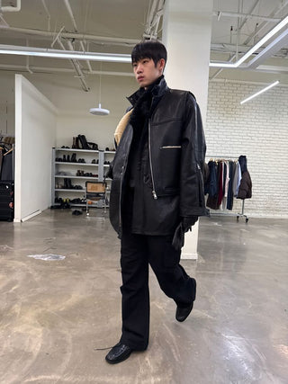 [NeverSeez] Padded PU Leather Trench Coat