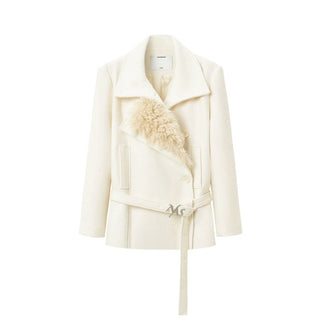 [NOTAWEAR] Wool Blend Belted Jacket with Shearling  Collar