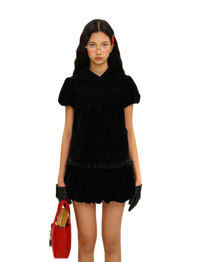 [Moromoro2] Velvet Puff Sleeve Bow Top & Bud  Skirt