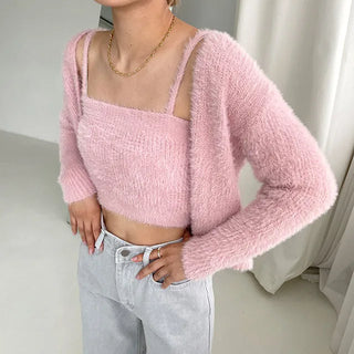 Fur Camisole Cardigan Set