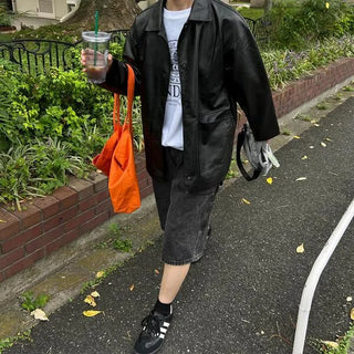 Faux leather mid-length coat