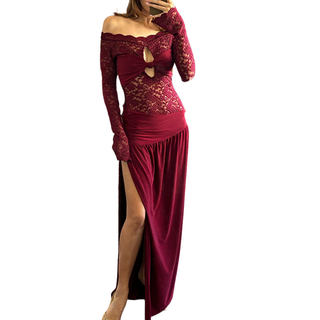 Long sleeve off shoulder hollow out lace slit cut out maxi dress