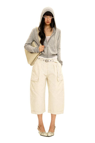 [Moromoro2] 3D Silhouette Belted Work Cropped  Pants
