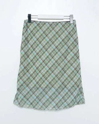 Waist ribbon detail check midi skirt