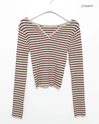 Keyhole neckline striped long-sleeve knit