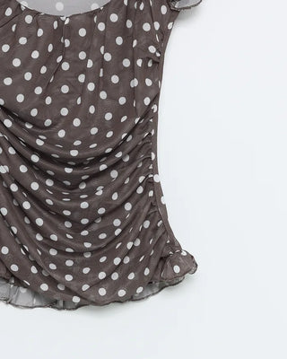Polka Dot Gathered Slim Short-Sleeve Blouse