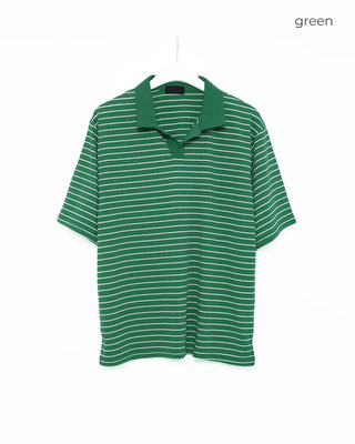 (Unisex) Striped Open Collar Short Sleeve T-Shirt