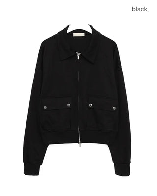 Flap pocket collar neck double zip sweatshirt