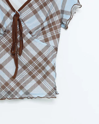 Checkered pattern cutout detail blouse