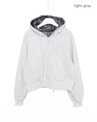 Checked hooded zip-up parka