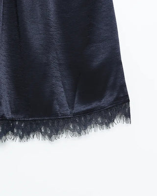 Scalloped lace hem satin mini skirt