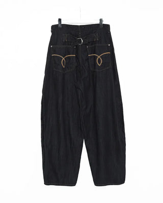 Back cinch pocket stitched rigid balloon denim pants