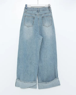 Rolled-up wide-leg denim pants