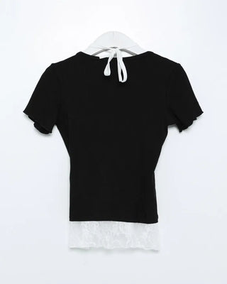 Lace-layered short-sleeved cardigan