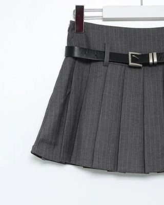 Belted Pinstripe Pleated Mini Skirt