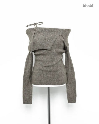 Ribbon strap off-shoulder knit