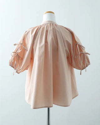 (ORIGINAL) Henley Neck Ribbon Balloon Blouse