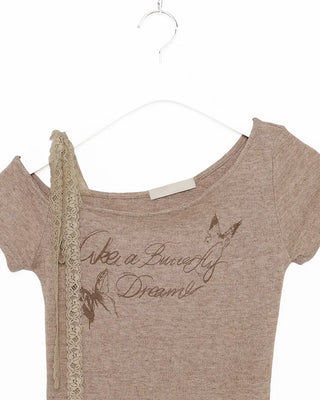 Ribbon Shoulder Butterfly Cap Ribbed T-Shirt