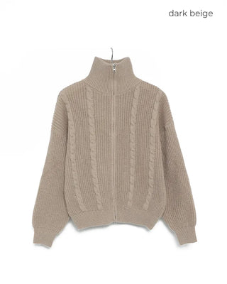 Cable knit high neck half-zip sweater