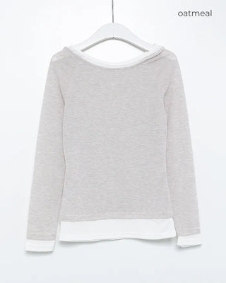 Boat neck two-tone layered long T-shirt