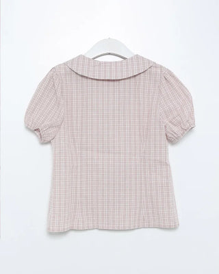 Round collar check short-sleeved blouse