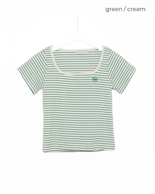 U-neck striped half-sleeve T-shirt