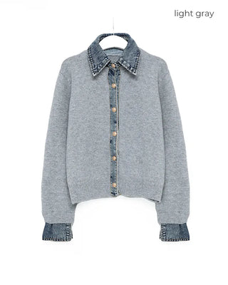 Denim-colored neck knit cardigan