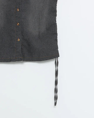 Denim Shirred Short-Sleeve Shirt