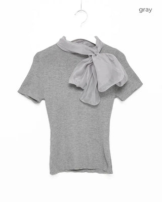 Scarf Ribbon Neck Short Sleeve Knit