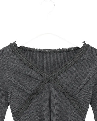 Lace V-neck cropped ribbed long T-shirt