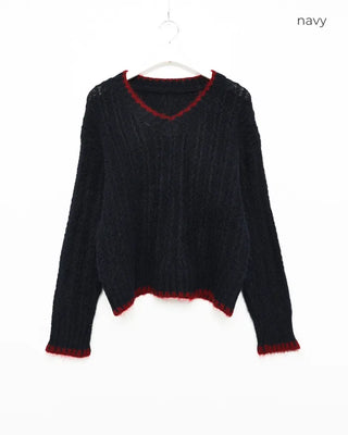 V-neck two-tone cable knit sweater