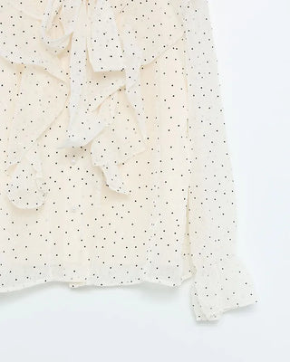 Polka Dot Ribbon Tie Frill Chiffon Blouse