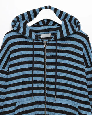 (Unisex) Striped Double Zip Waffle Knit Kangaroo Hoodie