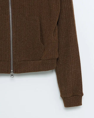 Rib-knit semi-cropped double-zip hoodie