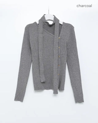 Asymmetrical Button Cardigan & Tie Set