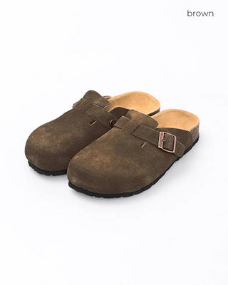 Suede texture buckle mules
