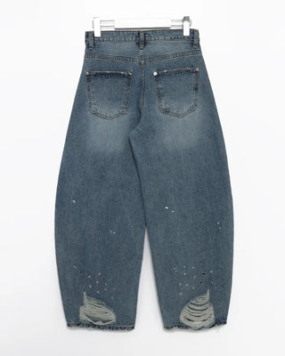 Studded distressed hem balloon denim pants