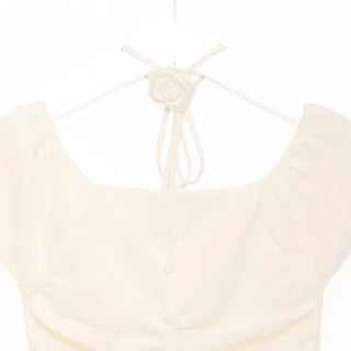 Flower Strap Heart Neck Shirring Short Sleeve T-Shirt