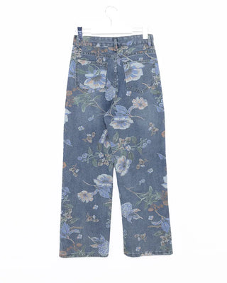 Flower pattern denim pants