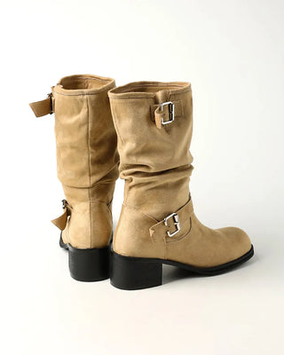 Buckle Shirring Mid-Calf Boots