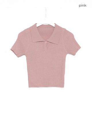 Polo neck semi-cropped ribbed knit T-shirt