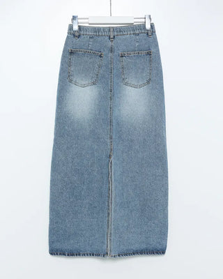 H-line elastic waist long denim skirt