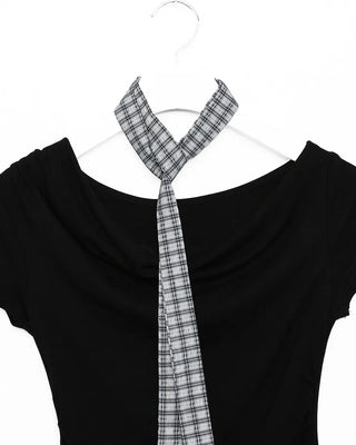 Checked frill shirred half-sleeve T-shirt