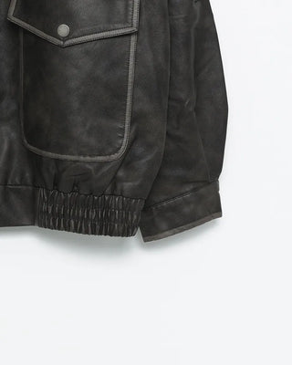 Vintage Washed Flap Pocket Leather Blouson