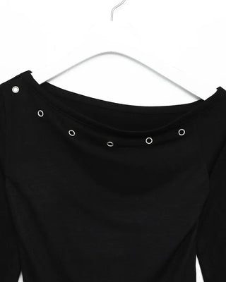 Eyelet Off-Shoulder Long Sleeve T-Shirt