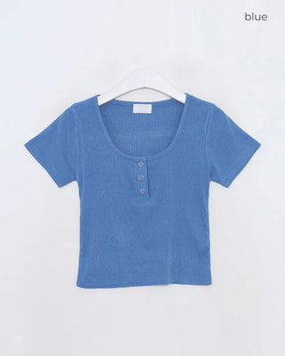 Button-down U-neck short-sleeved T-shirt
