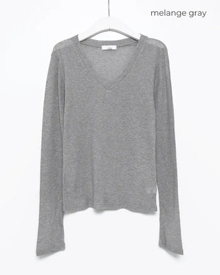 V-neck wool Tencel ribbed sheer long T-shirt